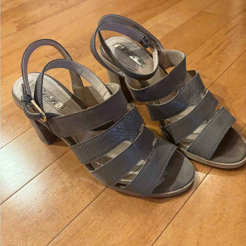 Tahari Gray Multi-Strap Block Heel Sandals